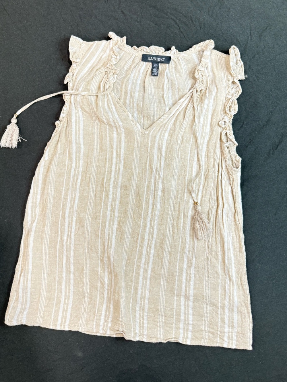 Ellen Tracy Beige & White Striped Ruffle-Trim V-Neck Camisole